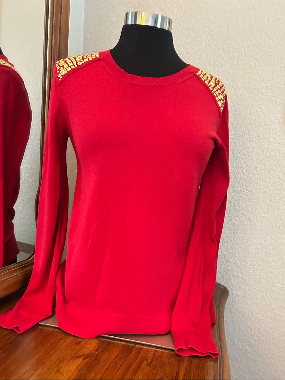 Michael Kors Red Knit Sweater with Gold Embellished Shoulders. Size S.